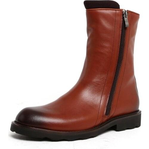 Men Winter Genuine Leather Work Safety Boots Platform Warm Casual Shoes Military Round Toe Mid-calf Cowboy Riding Boots