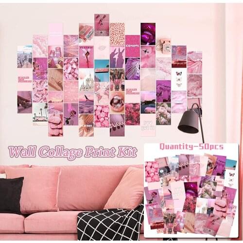 50Pcs Pink Postcard Poster Decoration Painting Aesthetic Picture Flower Wall Collage Set Living Room Wall Decoration Art Retro