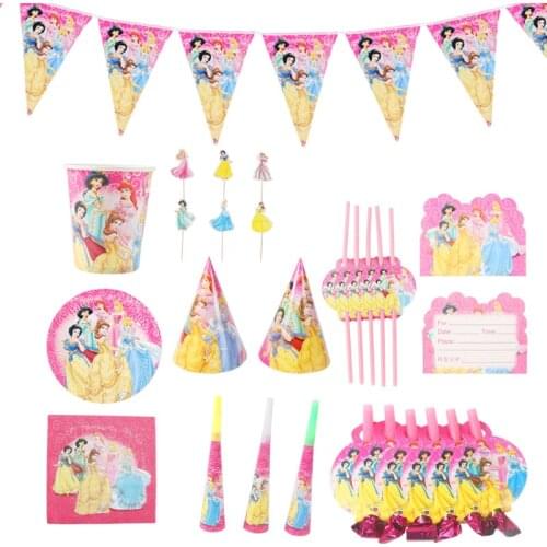 Cartoon Disney Princess Birthday Cinderella Party Supplies Paper Plates Cups Straw Tableware Set Flag Decoration Kids