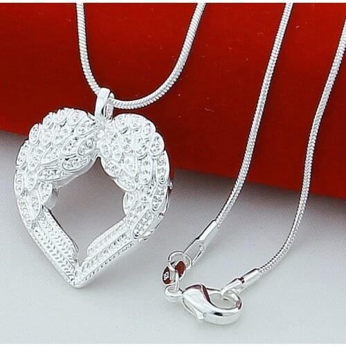 New Trendy Style 925 Silver Necklace Fashion Angel Wings Heart Pendant Necklace for Women Fine Jewelry