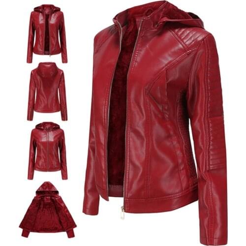 Autumn Winter Women Faux Fur Coat pu Leather tops Short Warm Plush Thick Outerwear Ladies padded Leather Jackets Hooded Outwear