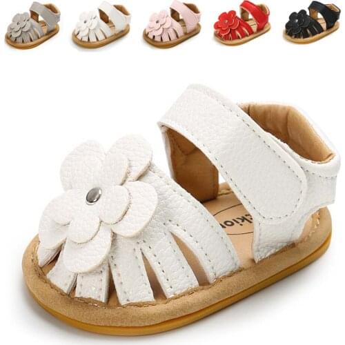 2021 Infant Baby Shoes Girl Toddler Flats Sandal Soft Rubber Sole Anti-Slip Summer Flower PU Crib Shoes Newborn First Walker