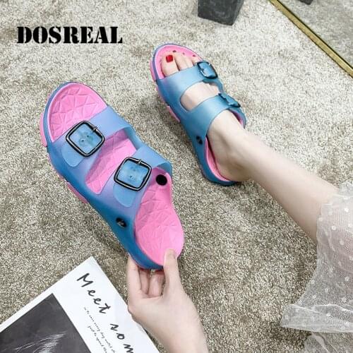 DOSREAL Women Jelly Sandals Home Non-slip Summer Hole Shoes Flat Slippers Two Strap Candy Color Girls Soft Garden Shoes