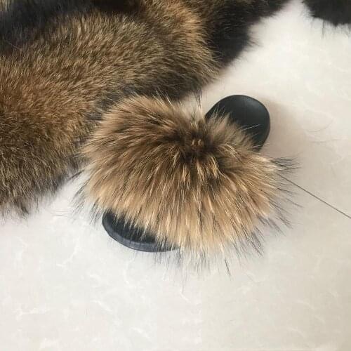 Children Fur Slippers Kids Fur Slides Real Fox Slippers Fluffy Raccoon Sandals Flat Indoor Slippers Cute Baby Girls Plush Shoes