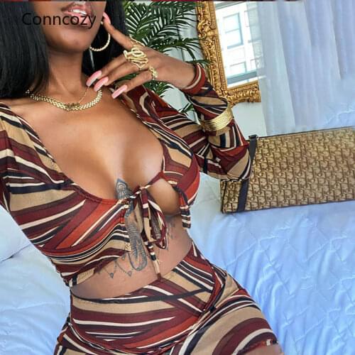 Sexy Mesh See Though 2 Piece Outfits Full Sleeve Bandage Sling Top Mini Dress Matching Set Fashion Clubwear 2 Piece Set Women