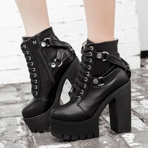 New Fashion Black Boots Women Heel Spring Autumn Lace-up Soft Leather Platform Shoes Woman Party Ankle Boots High Heels Punk