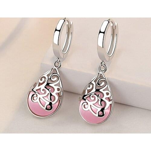 Womens Pink / White Opal Drop Earrings for Wedding Silver Plated Fashion Party Earring Charm Bride Wedding Anniversary Jewelry