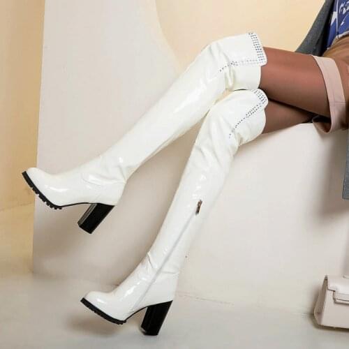 White Black Red Women Boots Patent Leather Over The Knee Boots Sqaue High Hee Long Boots Zipper Autumn Winter Shoes Big Size 45