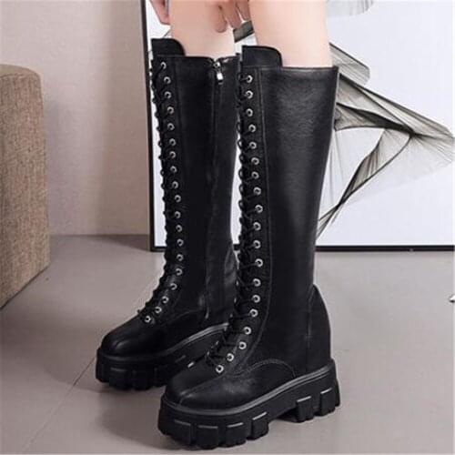 2021 Autumn Winter Women Knee High Boots Lady Wedge 10CM High Heels Platform Long Boots Fashion Leather Sneakers Motorcycle Boot