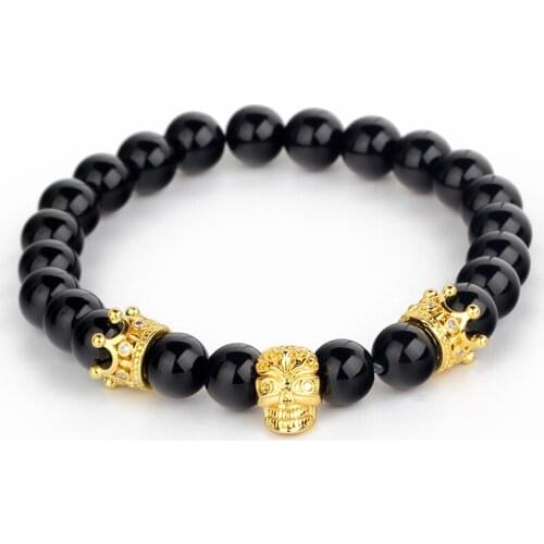 Fashion Double Crown Bracelet Women Male Bracelets Inlay Zircon Stones Pattern Skull Hand Chain Charm Beads Jewelry Gift