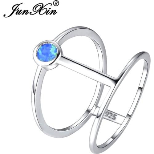 Female Male Round Blue White Fire Opal Ring Wedding Bands White Gold Geometric Cocktail Rings For Men Women Party Jewelry Gifts