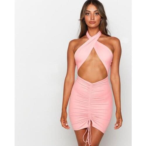 2021 Summer Fashion Halter Women Dress Bandage Top Neck-mounted Mini Skirt Sexy Club Pleated Sheath Womens Dresses Backless