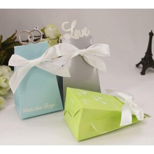 100 x Clear Ring / Love / Bird Style Wedding Favors Candy Boxes With Ribbons Paper Gift Box Silver Gray / Blue / Green