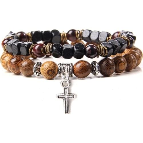 2Pcs/Set Handmade Couples Distance Wrap Bracelet Classic Cross Charm Natural Beaded Bracelet for Men Women Best Friend Wholesale