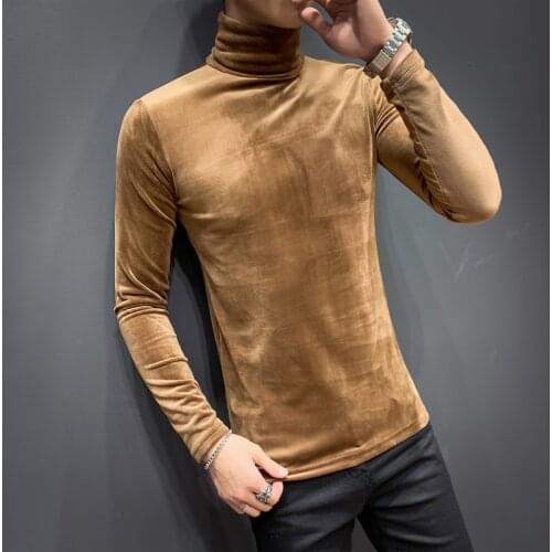 Velvet Turtleneck Long Sleeve 2020 Autumn Streetwear Party Luxury T Shirt Men High Lead Keep Warm Slim Fit Stretch