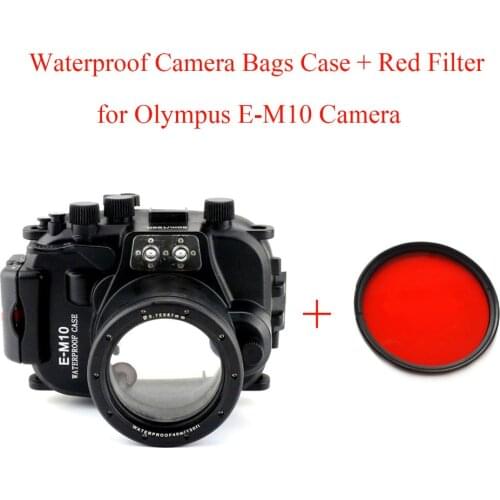 Meikon 40M/130ft Underwater Camera Housing Diving Case For Olympus E-M10 EM10 14-42mm,Camera Waterproof Bags Case + Red Filter