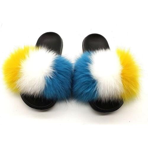 Fashion Fluffy Raccoon Fur Slippers Shoes Women Real Fox Fur Flip Flop Flat Furry Fur Slides Indoor Sandals Woman Amazing Shoes