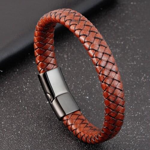 Fashion Jewelry Combination Brown Color Leather Stainless Steel Buckle Men Bracelet Hot Selling For Birthday Simple Gift