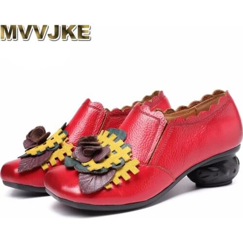 MVVJKE Spring 2018 Retro Handmade Floral Women Shoes Pumps Genuine Leather Chunky Heels Round Toe High Heels Sandals