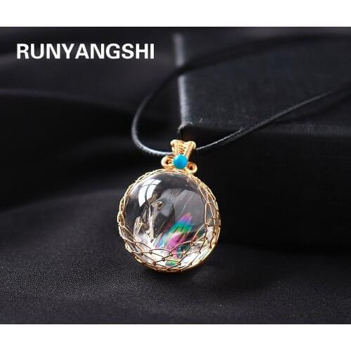 Natura High-quality Rainbow Light Clear Quartz Ball Golden Silk Woven Mesh Pendant Reiky Crystal Necklace