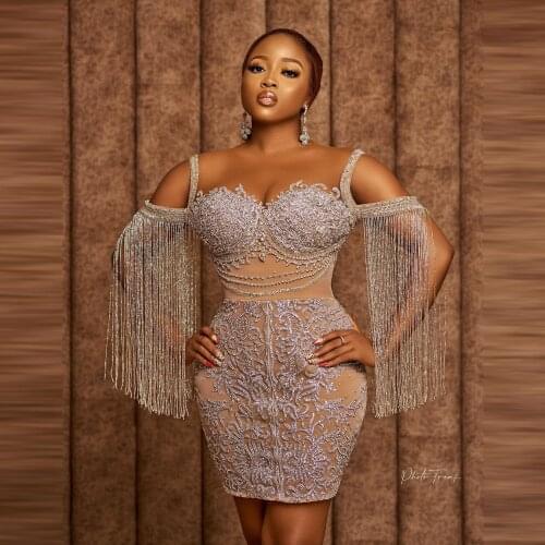 2021 New Glitter Short Aso Ebi Dresses Tassels Cap Sleeves Mini Length Straight Prom Dresses Beaded Evening Gowns Plus Size