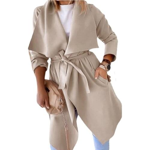 2020 Autumn/winter New Turn-over Solid-color Long Trench Casual Long-sleeved Coat Gray Jacket