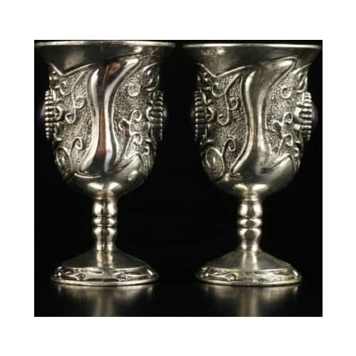 A Pair (2pc)of Collection Old Handmade Miao silver inlaid with blue bead Goblet cup Free Shipping