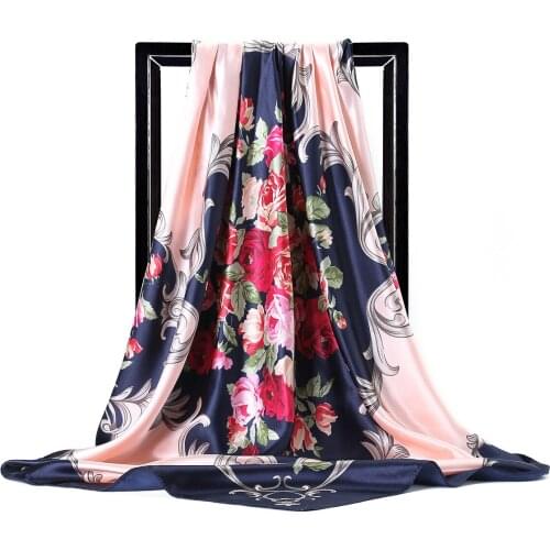 Silk Scarves Women flower Print Foulard Satin Square Head Hijab Scarf Ladies Luxury Brand Shawls 90cm Bandana female muffler