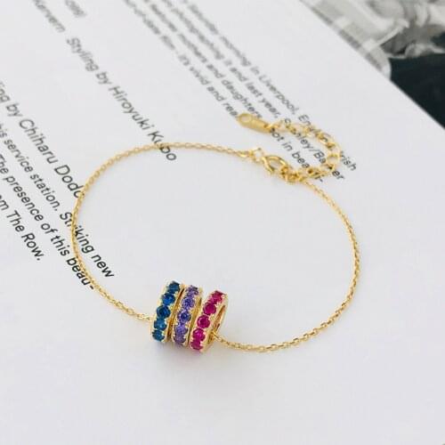 Authentic 925 Sterling silver Rainbow CZ Zircon Three-Circles Lucky Chain Bracelet Charm TLS346