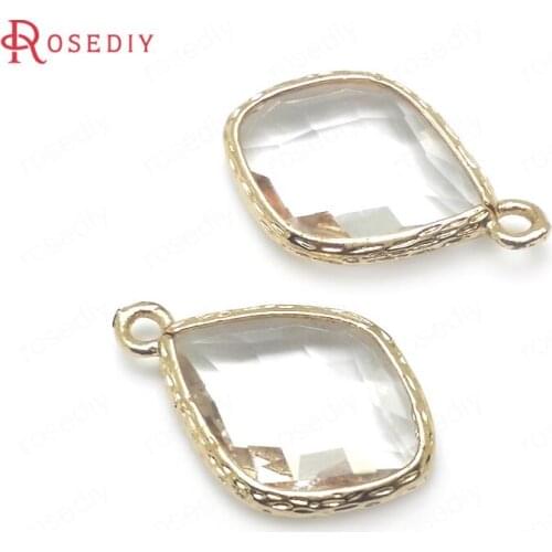 36408)10PCS 22x14MM 24K Champagne Gold Color Brass with White Glass Faceted Rhombus Shape Charms Pendants High Quality Findings