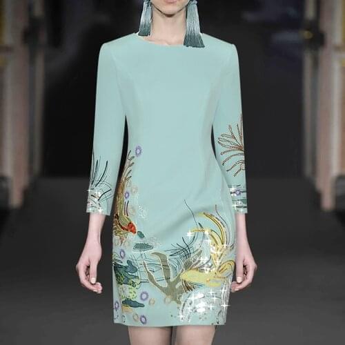 Luxury Sequins Designer Women Dress Elegant O-Neck Mini Casual Dresses 3290