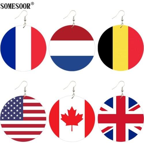 SOMESOOR Fashion World National flag Customize Wooden Both Sides Printing Pendant Earrings For Women Gifts