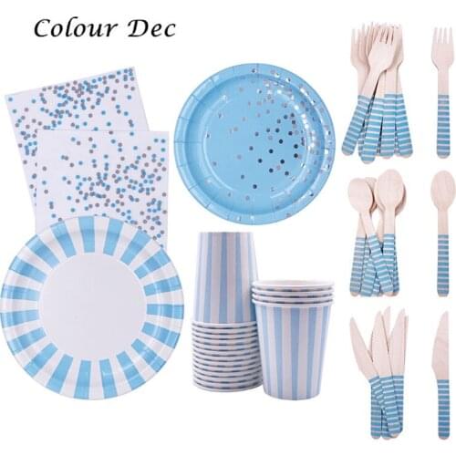 Blue Bronzing Striped Paper Cup Plate Napkin straw banner tablecolth ballon BABY SHOWER Baby Boy Birthday Party Set Supplies