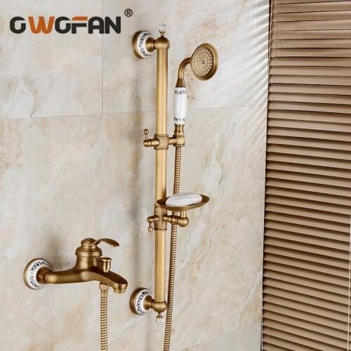 Shower Faucet Wall Mounted Antique Brass Bath Tap Swivel Tub Filler Ceramic Style Lift Sliding Bar With Soap Dish Mixer HJ-67040