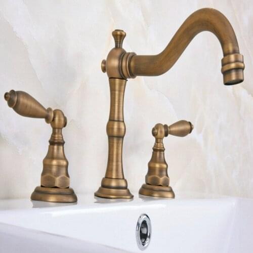 Vintage Retro Antique Brass Deck Mounted Dual Handles Widespread Bathroom 3 Holes Basin Faucet Mixer Water Taps aan075