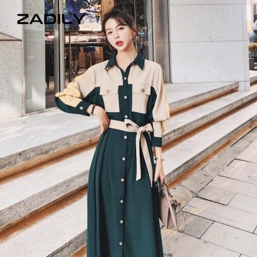 ZADILY 2021 Summer Office Lady Women Shirt Dress Long Sleeve Button Up Elastic Waist Patchwork Dresses Plus Size Female Robe