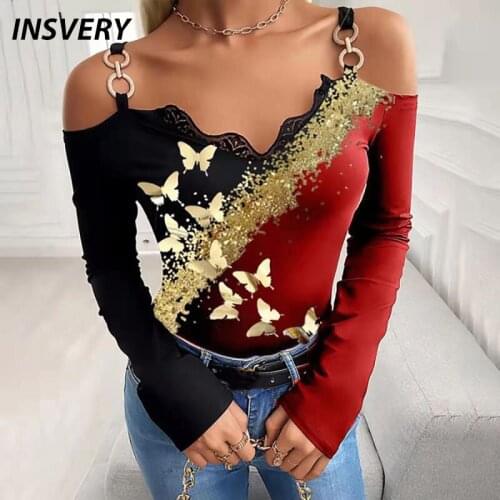 Sexy Shirt Women Off Shoulder Butterfly Print Tops Ladies Tshirt Long Sleeve V Neck Tee Slim Long Sleeve Women T-shirt