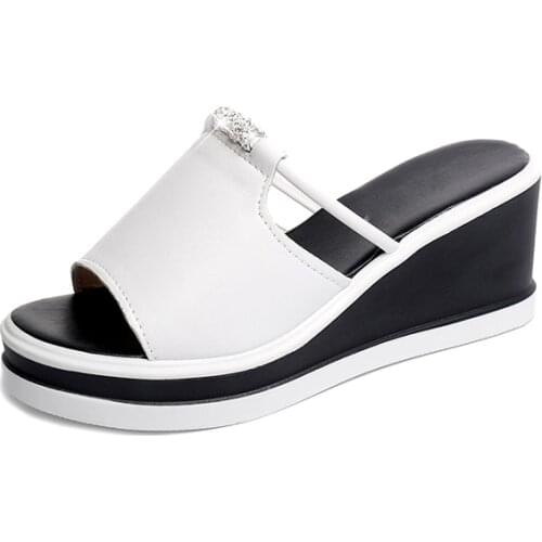 2021 Women Slipper Sandals Heels Wedges Platform Leather Peep toe Crystal Elegant Female Sandals Ladies Mules clogs Summer Shoes