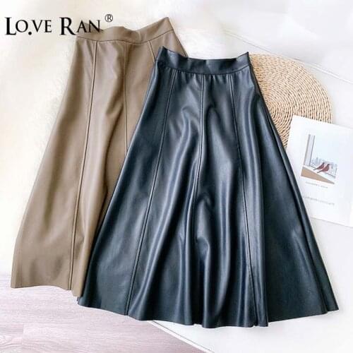 PU Leather Womens Long Skirts Black A-Line High Waist Elegant Patchwork Casual Female Skirt 2020 Winter Autumn Ladies Clothes