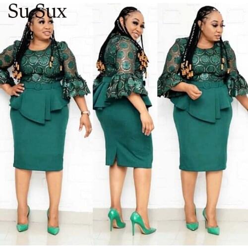 Embroidery Flower Two Pieces Set Skirt Set Women African Clothing Sequins Flare Sleeve Ruffles Top&Pencil Skirt Suit Partyclub