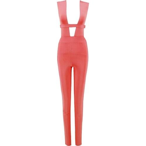 Top Quality Women Sexy V Neck Sleeveless Bandage Jumpsuit 2018 Bodycon Designer Bandage Jumpsuit Coral
