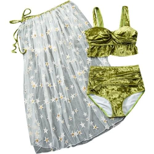 BLV50 Golden Velvet Bikini Swimsuit Women Three Point High Wait Sexy 2 Piece Set Bikini Set Beachwear Swimwear