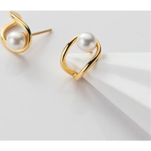 Real 925 Sterling Silver Elegant Hollow Line Stud Earrings Korean INS Hot Pearl Earrings For Women Party Wedding Ear Jewelry