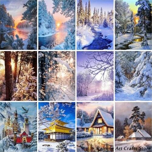 5D Diy Diamond Painting Winter Forest House River Landscape Embroidery Cross Stitch Full Square Round Drill Mosaic Picture Decor