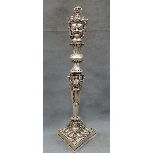 Decoration bronze factory outlets Tibet Silver 22" Tibet Silver Dragon Mahakala Buddha 3 Head Vajra Phurpa Statue Talismans