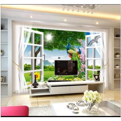 Custom photo wallpapers 3d murals wallpaper for walls Beautiful landscape painting window forest peacock landscape painting wall