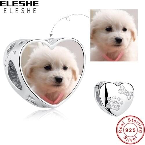 ELESHE Pet Paw and Bone Personalized Photo Bead 925 Sterling Silver Trendy Charm for Women fit Bracelets DIY Jewelry Making