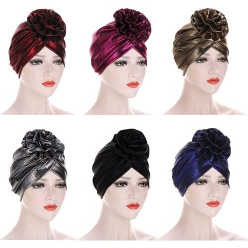Indian Turban Women Big Flower Hijab Bonnet Glitter Headscarf Muslim Headwear Chemo Cancer Cap Pleated Scarf Wrap Hat Beanies