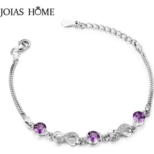 JoiasHome 925 Sterling Silver Korean Micro Inlaid Zircon Bracelet Digital 8 Ribbon Amethyst Bracelet Engagement Dinner Gift