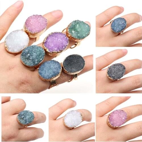 Natural Stone Ring Oval Shape Agates Duzy Crystal Resizable Rings For Women Men Fashion Jewelry Gifts